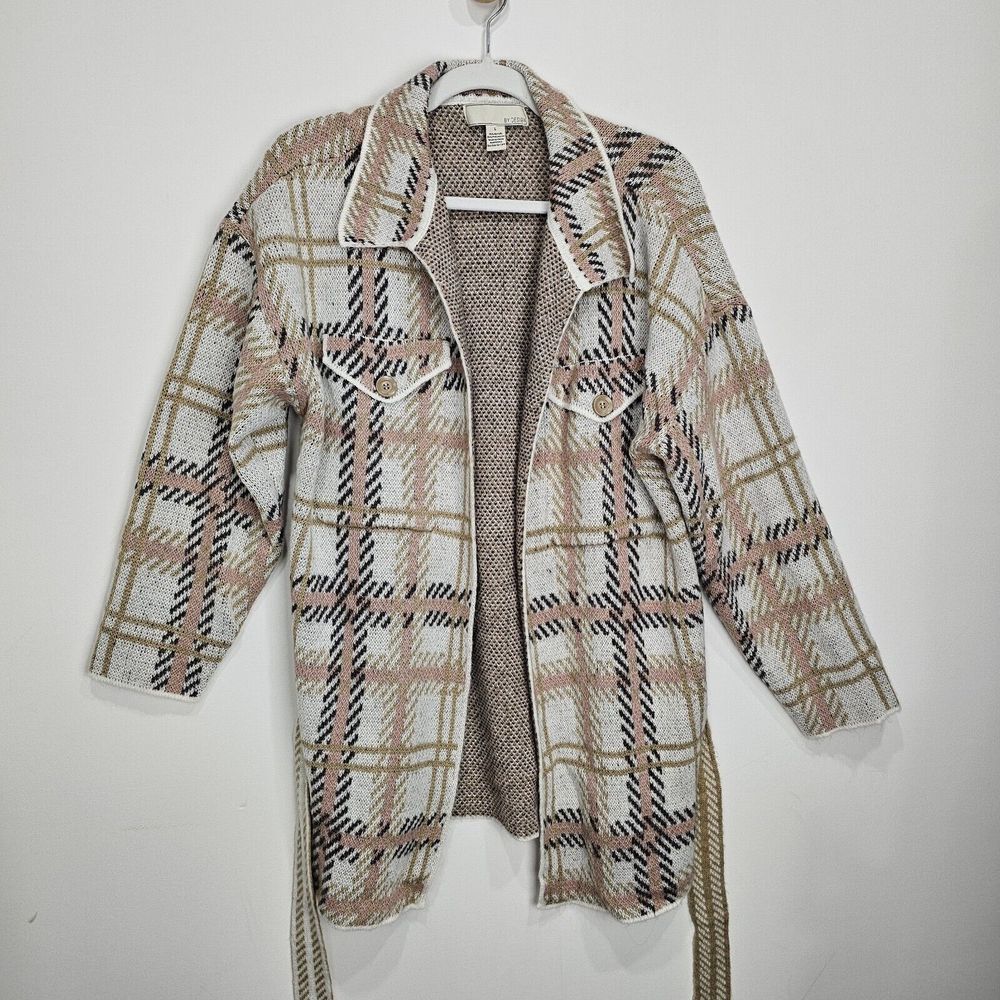 By Design Women's Open Front‎ 2-Pocket Long-Length Cardigan Beige Plaid sz Large